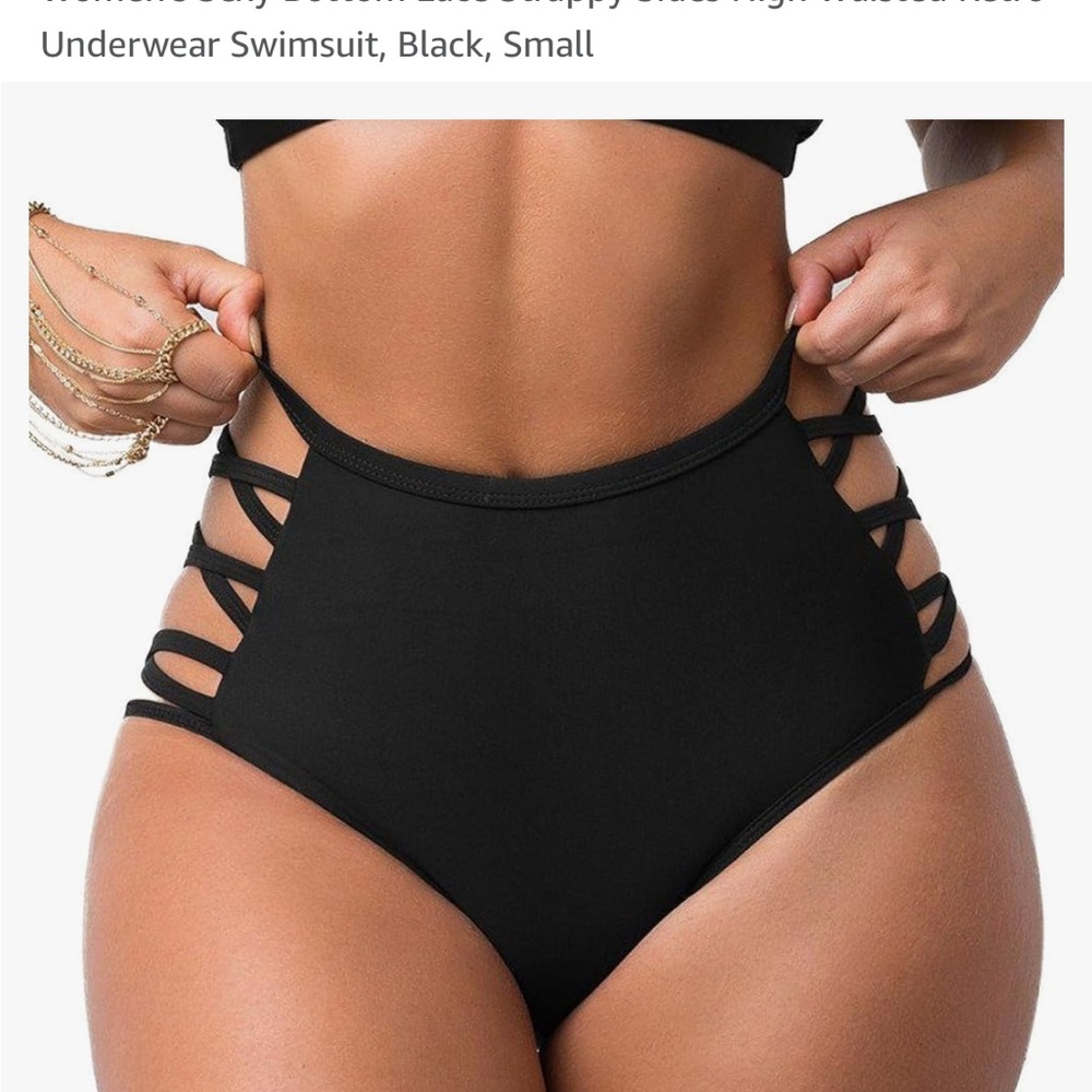 Women's Black Strappy High-Waisted Bikini Bottom
